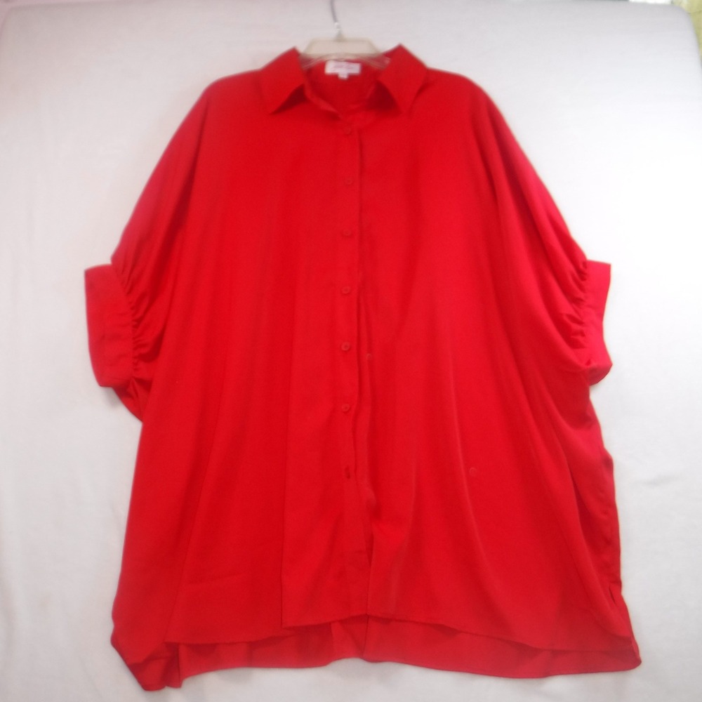 Jess Lea Womens 2X Red Button Down Oversized Dolman Sleeve High‎ Low Tunic Shirt